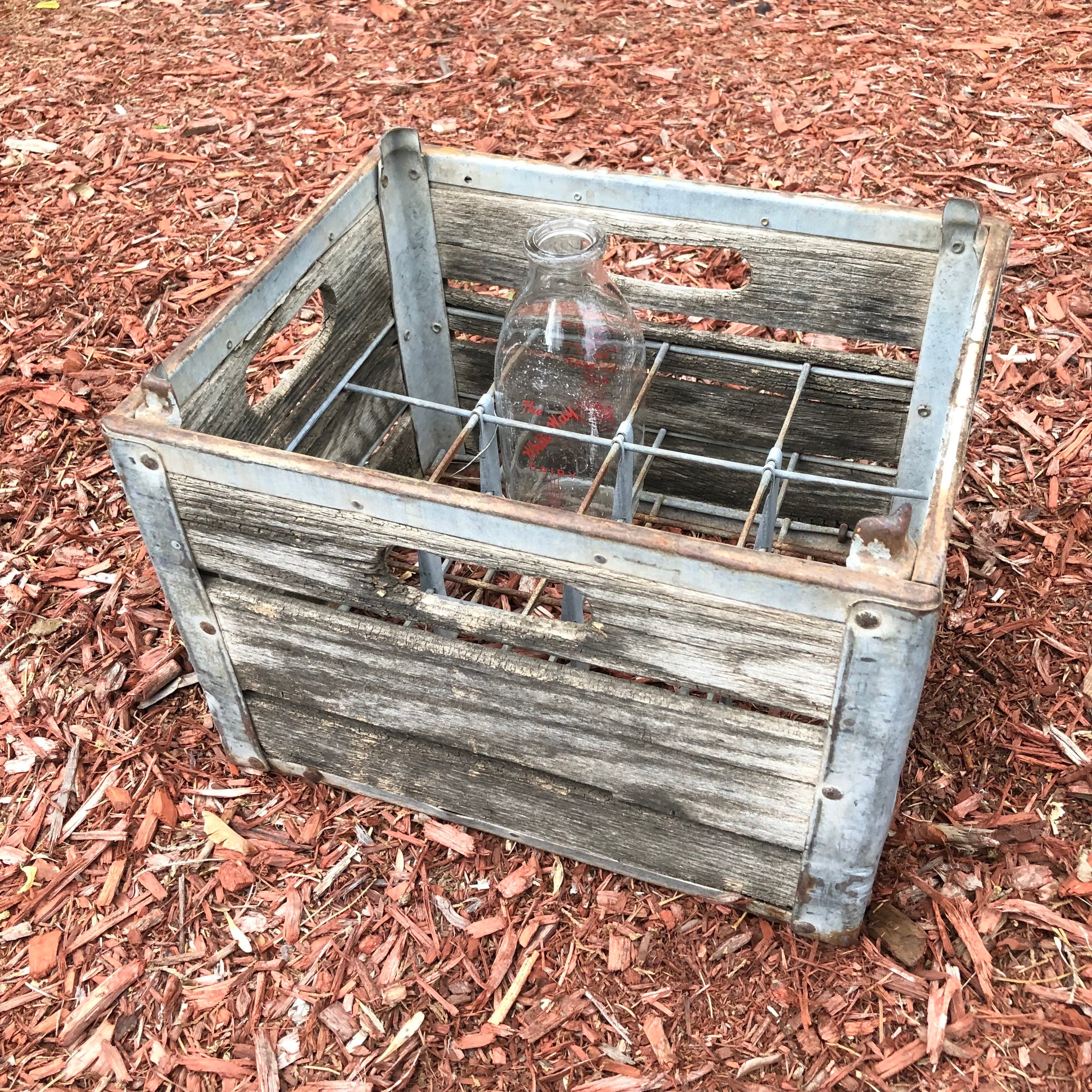 Antique Milk Crate With 1 Milk Glass Bottle Wooden Crate