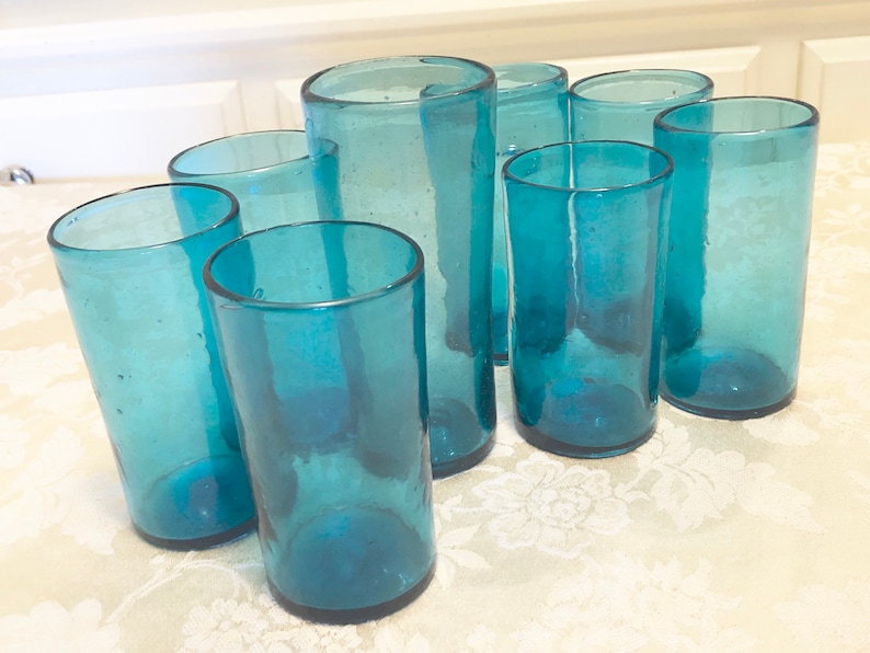 8 Handblown Turquoise Glasses. 8 Glass Tumblers Retro Blue Etsy
