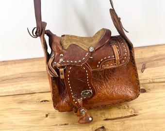 Rare Vintage Tooled Leather Cross Body Purse Sattle Bag Western Brown Leather Messenger Bag High Quality Lifetime Piece Selling Super Cheap