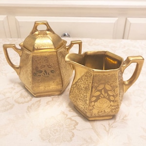 Gold Ceramic Cream And Sugar Rose Print Leaf Detail Detailed On Porcelain Gold Rose Vintage Cream And Sugar Antique Gold Collection