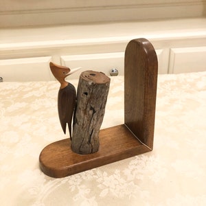 Unique Woodpecker Bookend Book Decor Solid Wooden Bird On Unfinished Drift Wood Stump Book Case End Single Bookend Design