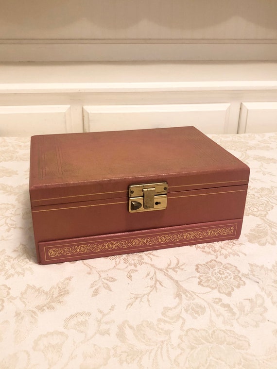 Vintage Pink Vinyl Jewelry Box With Brass Hardware