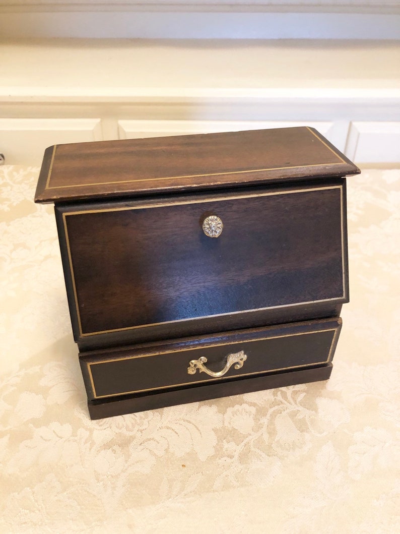 70s Wooden Jewelry Box In Dark Stain With Opening Top This Has A Writers Desk Look One Drawer Bold Yellow Felt