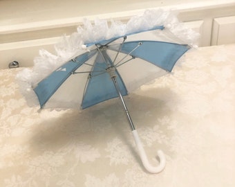 Miniature Umbrella Doll Size Pretend Sun Umbrella Children’s Doll Accessories Sky Blue With White Lace Sun Umbrella