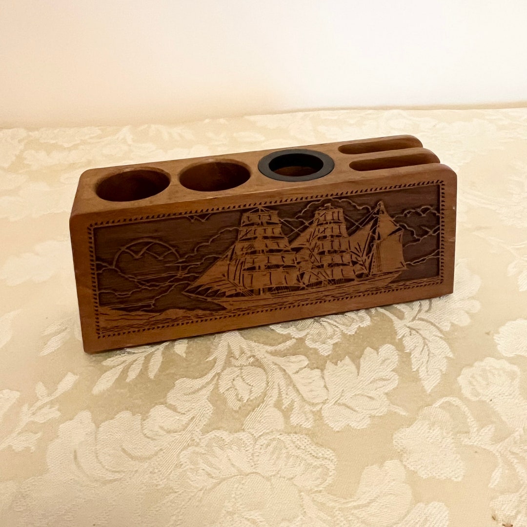1977 Lasercraft Carved Wooden Ship on Ocean Detail Vintage Pencil ...