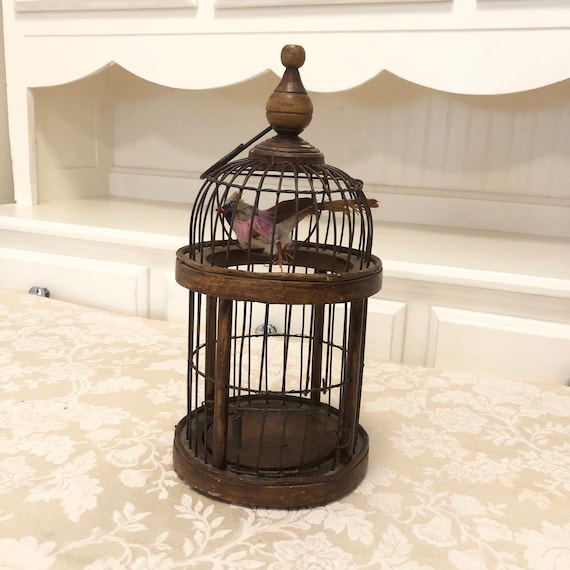 Antique Bamboo Hanging Bird Cage With Japanese Feathered Bird