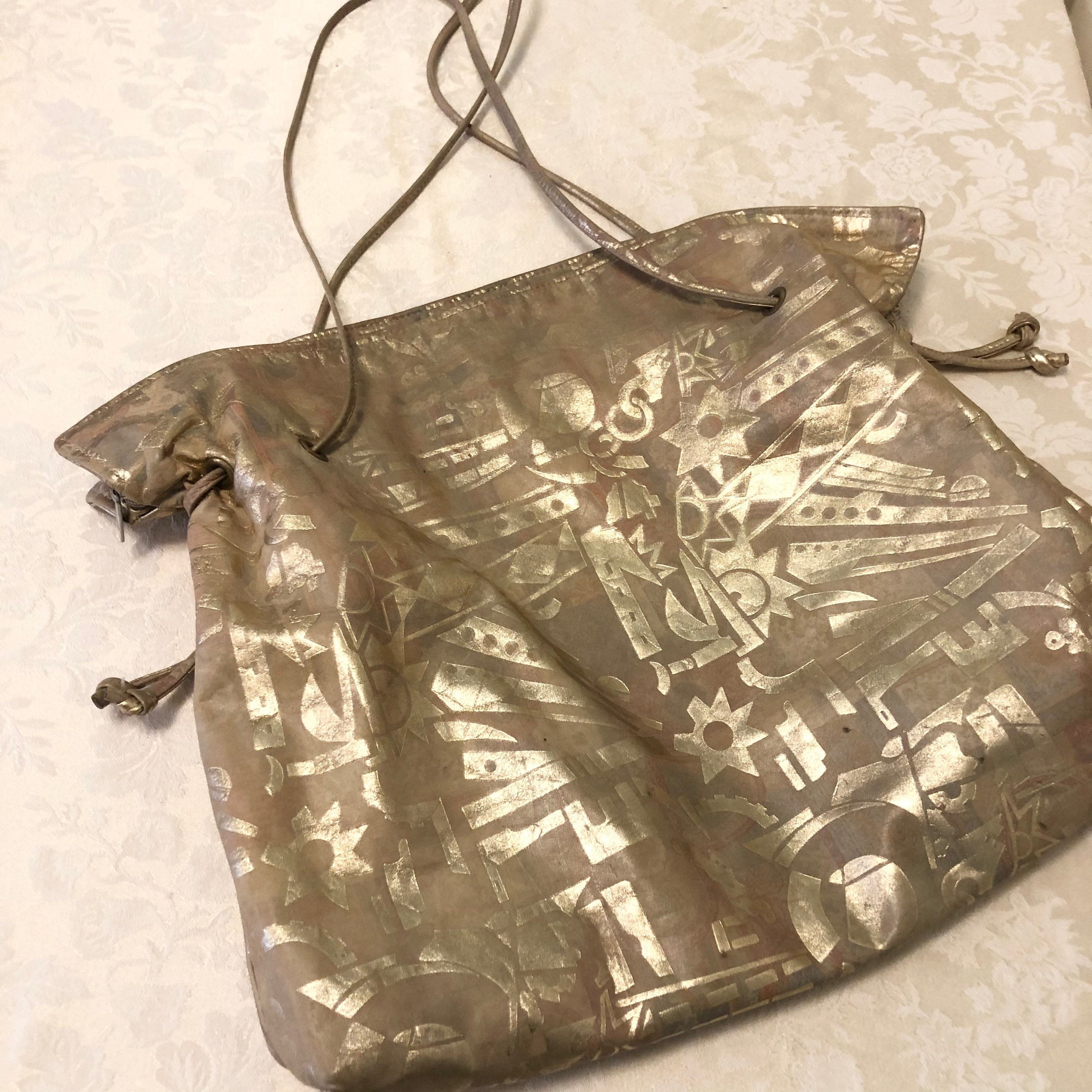 Gold And Beige Oversized Purse Or Travel Bag Unique Aztec Fabric Intricate designs Gold Print Inside Lining With Pocket Large Shoulder