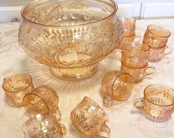 Vintage Orange Glass Punch Bowl Fruit Embossed Fruit Design Indiana Glass Orange Tinted Glass Carnival Glass Punch Bowl With 12 Cups Full Se