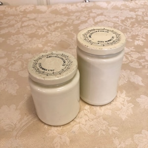 Vintage Dundee Marmalade Jars James Keiller & Son LTD James Keillor And Sons 1797 Set Of Two Matching With Lids Custard Milk Glass Jars