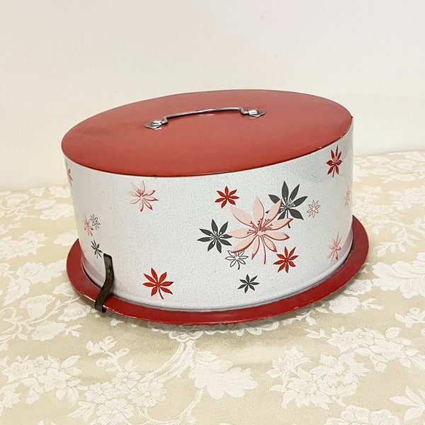 Mid Century Metal Carrier Cake Dome Covered Cake Or Pie Dome Metal Tin Dome With Red And Pink Metal Cake Tin 40s 50s Cake Or Pie Carrier
