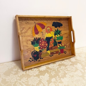 Vintage Wooden Tray Flower And Produce Street Cart Design Folk Art Multi Use Tray Food Tray Serving Tray TV Tray Bed In Breakfast Tray