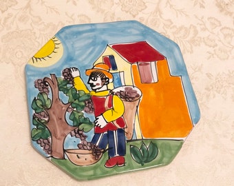 Handmade Italian Pottery Serving Plate Large Plate With Hanging Ability Man In Home Garden With Bright House And Bright Colors Made In Italy