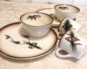 70s Winter Couples Dinner Set Each Piece Is Handpainted In A Winter Pinecone Theme Beautiful Winter Theme Camper Christmas Get Away Set