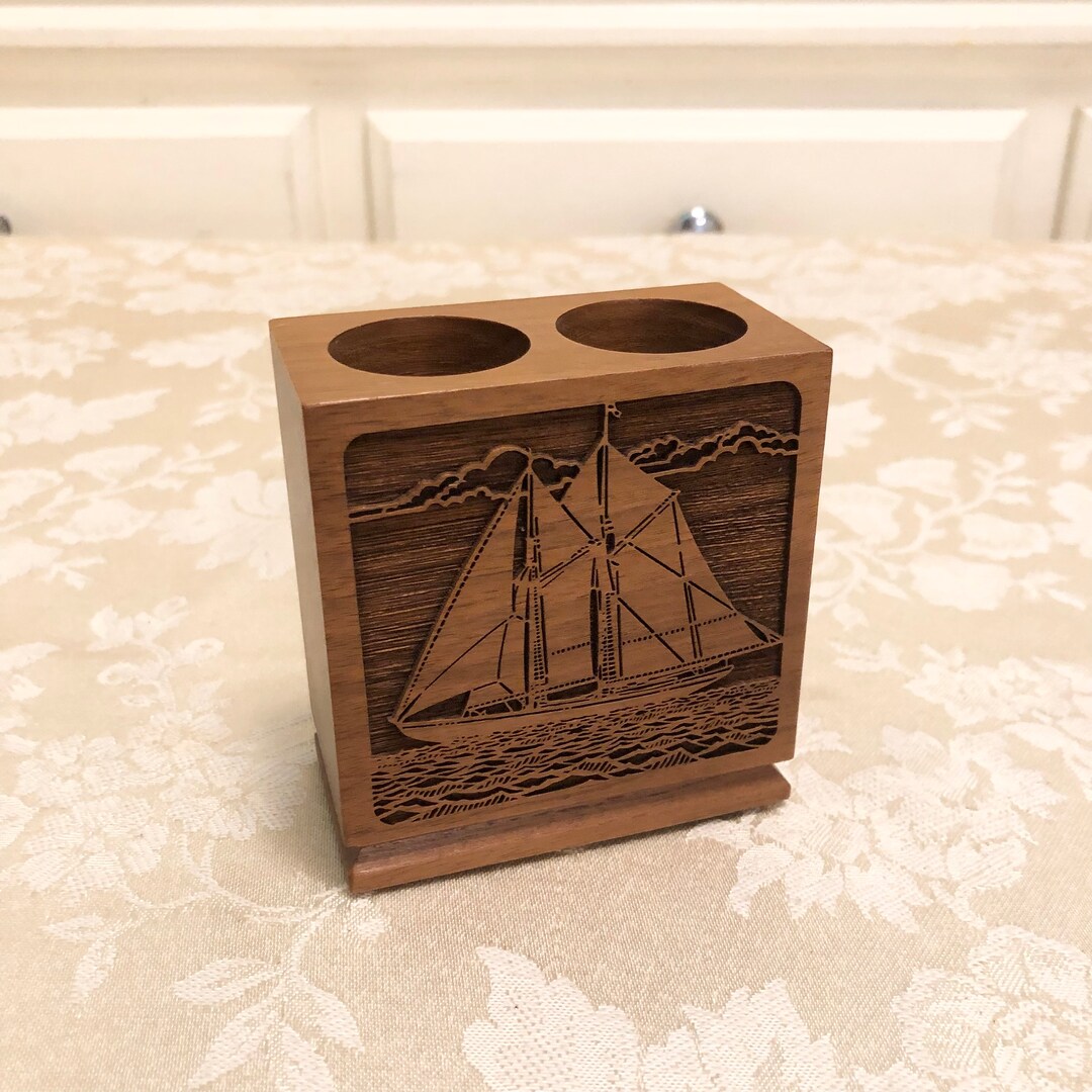 1977 Lasercraft Carved Wooden Ship on Block Vintage Pencil Holder ...