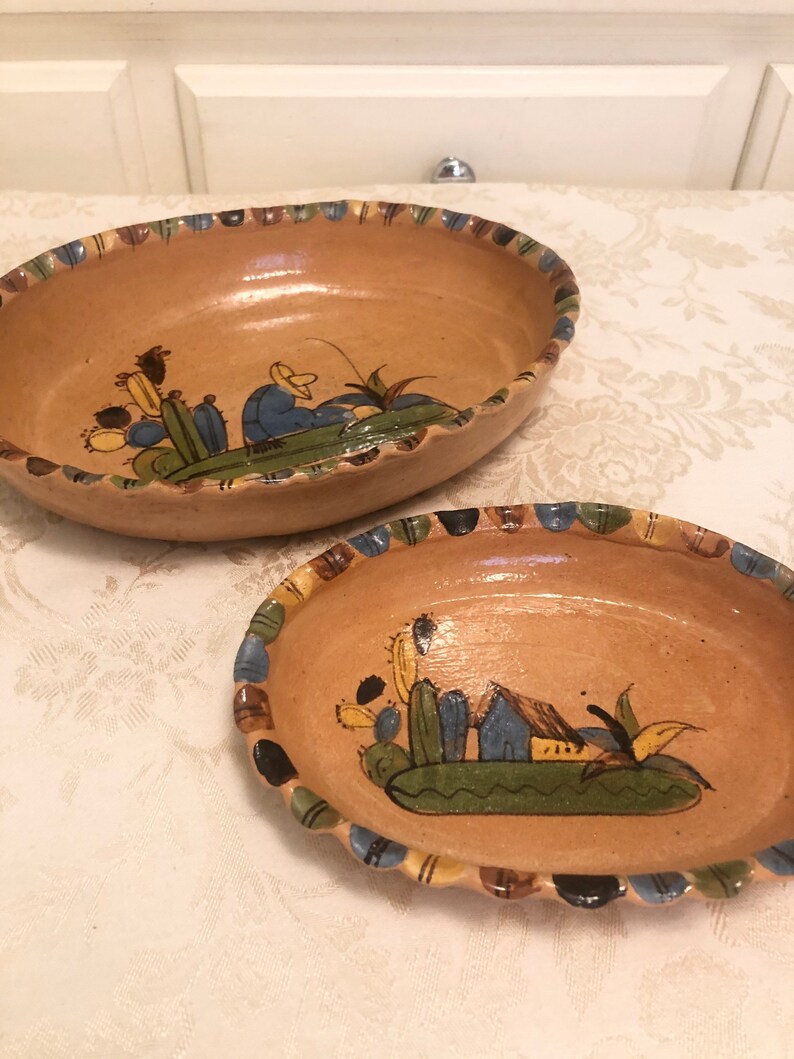 Mexico Chip and Dip Glazed Terra Cotta Serving Pieces Rustic Etsy