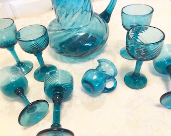 9 Handblown Turquoise Glass Pitcher And Glasses. 7 Goblet Glasses With Mini Creamer Pitcher Swirled Glass Aqua Glass. Spain HandBlown Set
