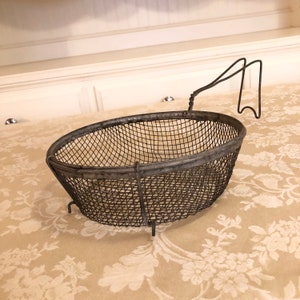 Antique Metal Frying Strainer Screen Large Frying Net With Hooks On Edge And Long Handle To Hang Over Pot Of Oil