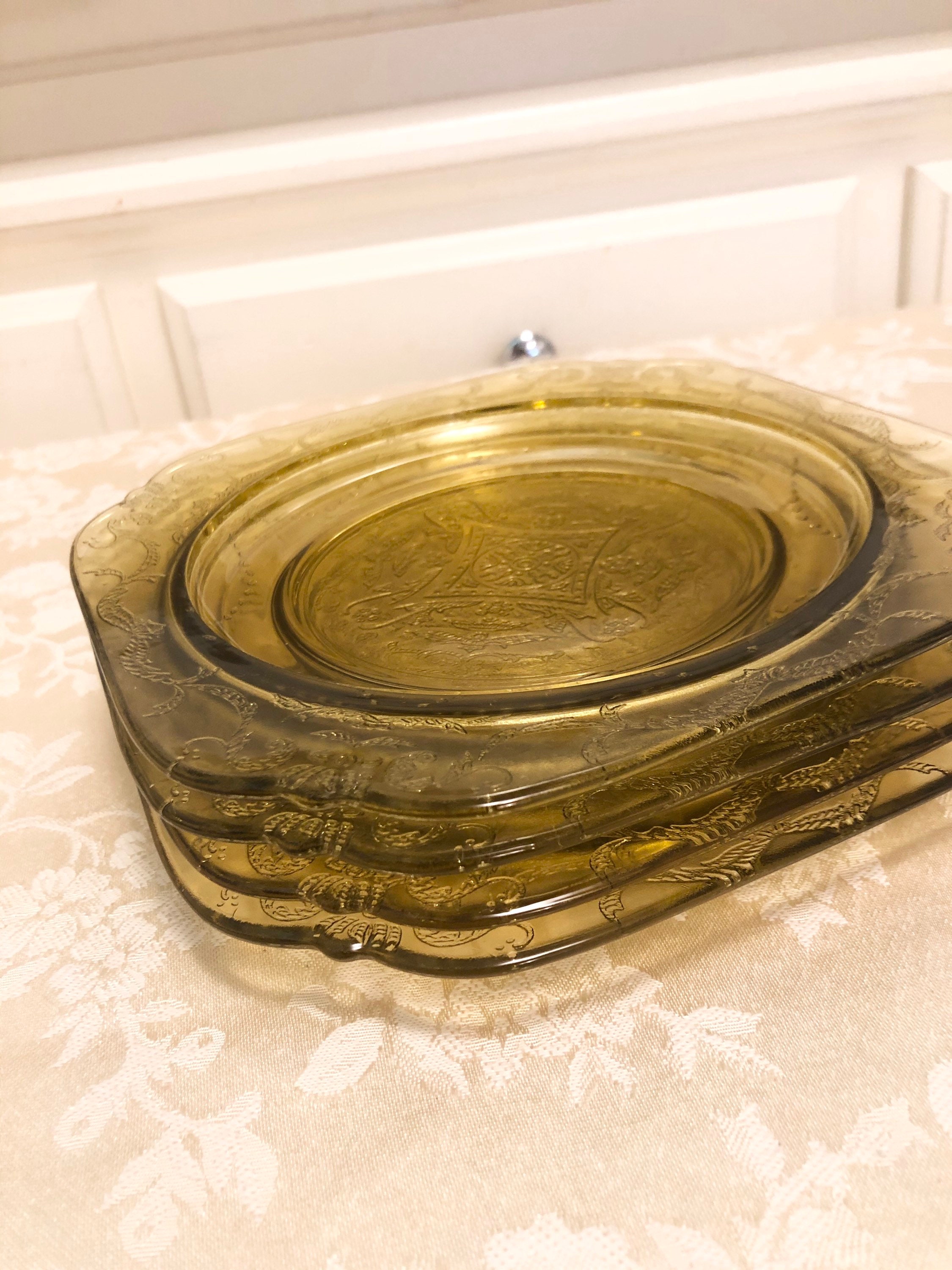 Square Embossed Madrid Depression Glass Elegant Beaded Detail Embossed Designs On 4 Matching Plates Yellow Glass Yellow Depression Glass