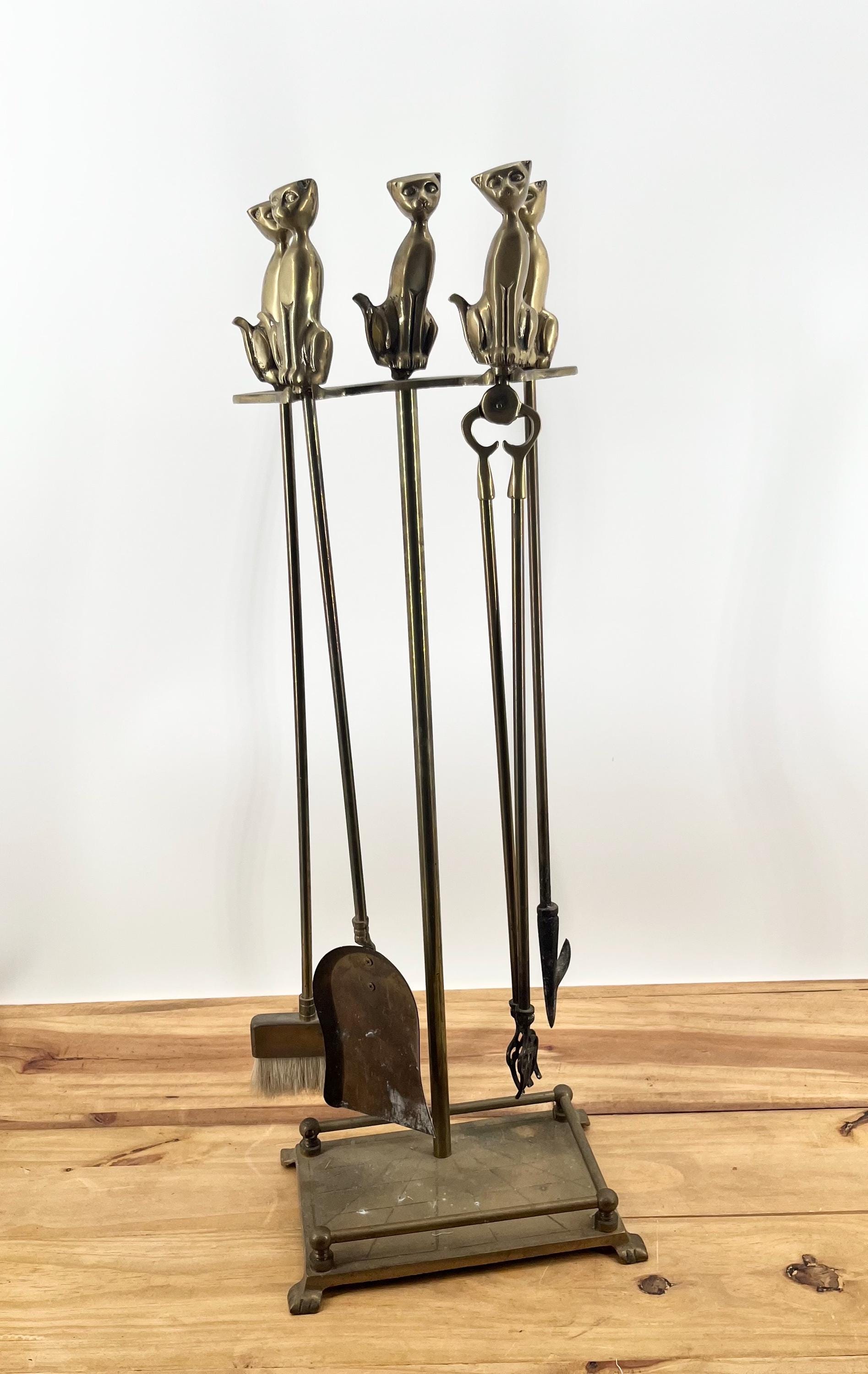 Mid Century Brass Cat Fire Place Tool Set Complete Four Tool