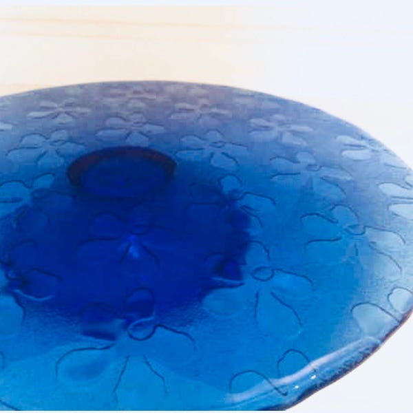 Rare Elegant Cake Plate Blue Glass Flower Floral Indentations Cake Stand Vintage Glass Cake Plate with bold Design. 12 1/2 inch plate