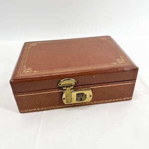 Vintage Pink Vinyl Jewelry Box With Brass Hardware Golden Trim Earring Storage Box With Blue Felt Lining Design