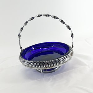 Vintage Cobalt Blue Glass Dish with Silver Plated Carrier Glass Candy Bowl Vintage Serving Bowl Collectible Cobalt Blue Glass In Silver