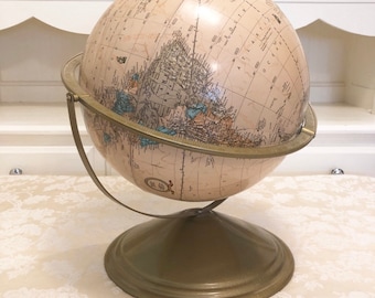 70s Elegant Natural Tones Globe With Metal Frame With Beautiful Map Display Center Piece in Office Vintage Decor 70s Office Decoration Piece