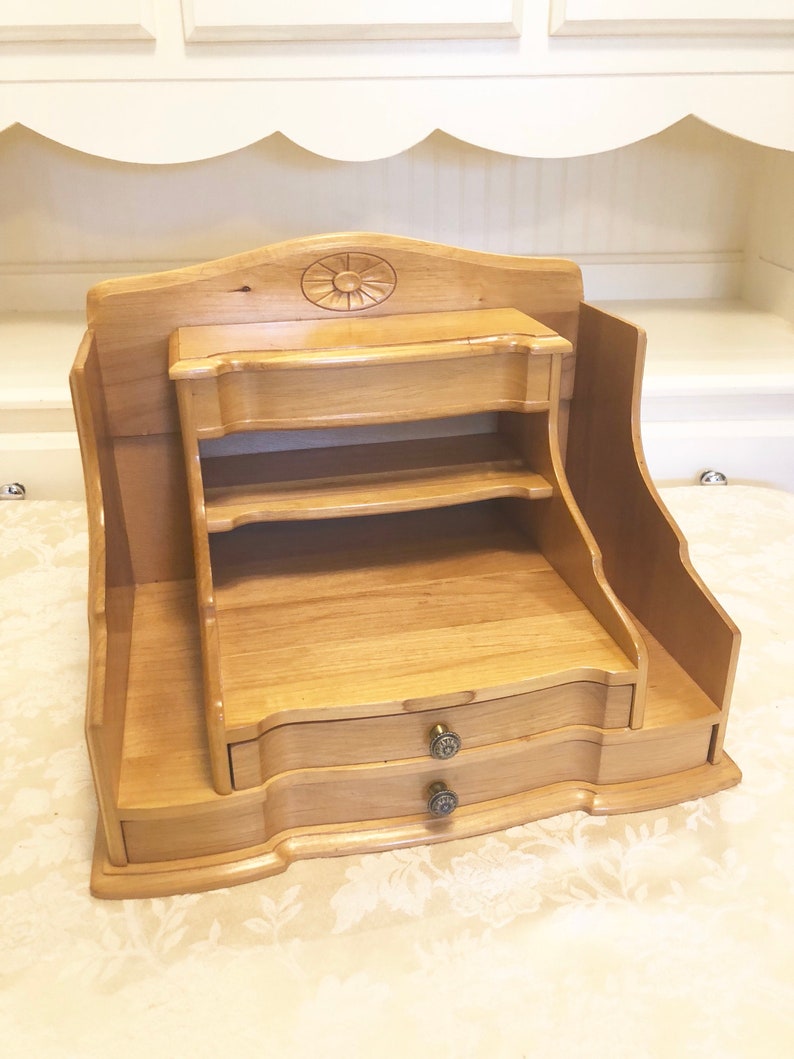 Solid Pine Desk Organizer Or Bedroom Dorm Vanity Organization Shelf Carved Emblem Wooden Table Art With Drawers And Opening