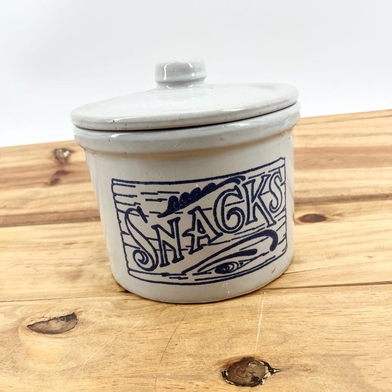 Antique Pottery Well Small Snack Canister Or Cookie Jar Marked Snacks Solid Pottery Old Pottery Jar Primitive Kitchen Decor And Food Storage image 1
