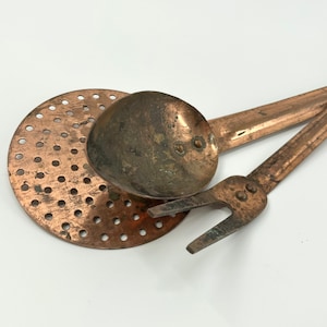 Set Of Three Copper Cooking Utensils And Gadgets Solid Copper And Brass Strainer, Steak Fork And Spoon Kitchen Utensil Set