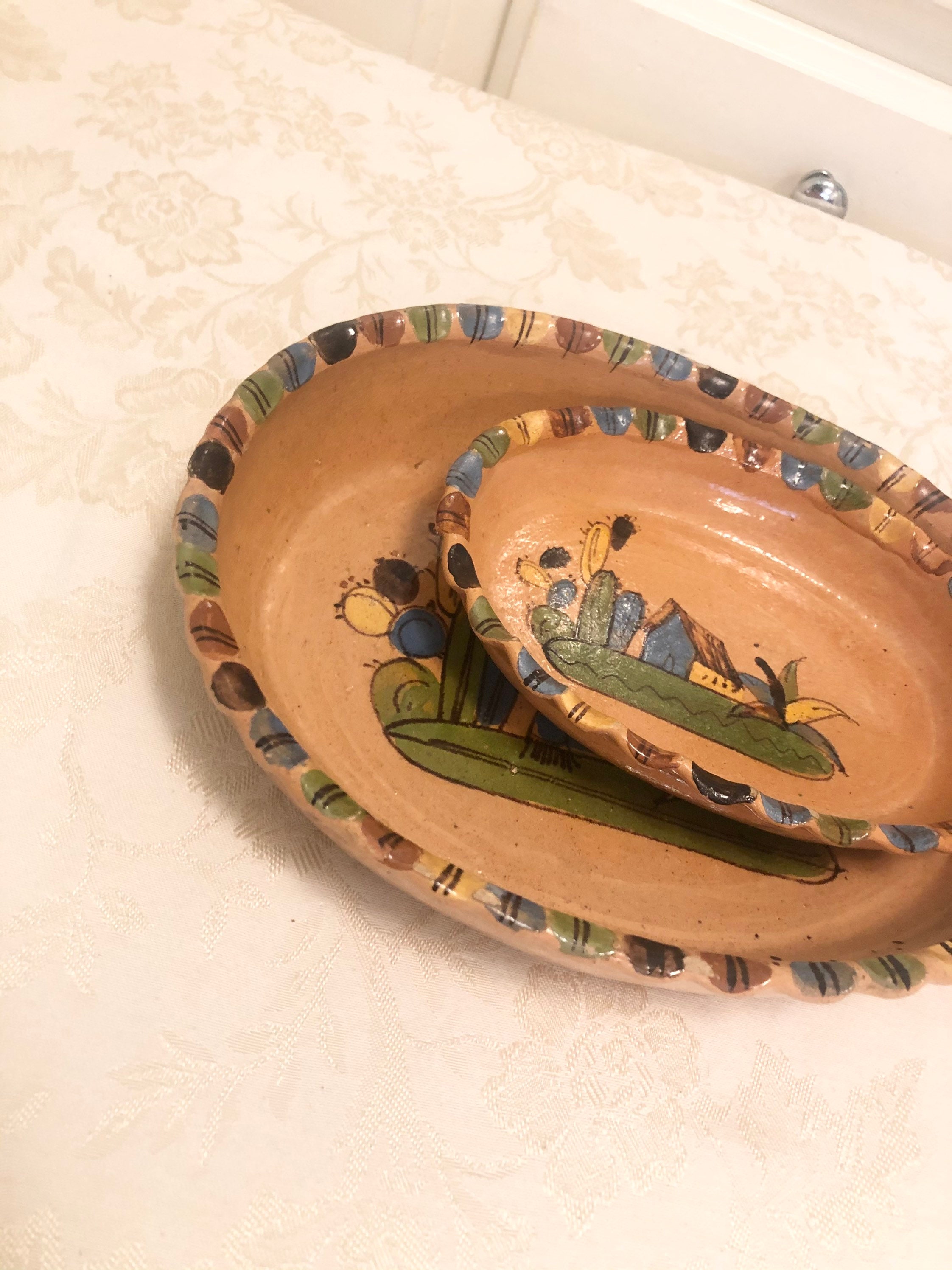 Mexico Chip And Dip Glazed Terra Cotta Serving Pieces Rustic Etsy