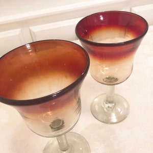 2 Tall Handblown Red Glass Stemmed Glasses. 2 Goblet Glasses Swirled Bubbled Glass. Wine Red HandBlown Glass Elegant Red Glass Party Glasses