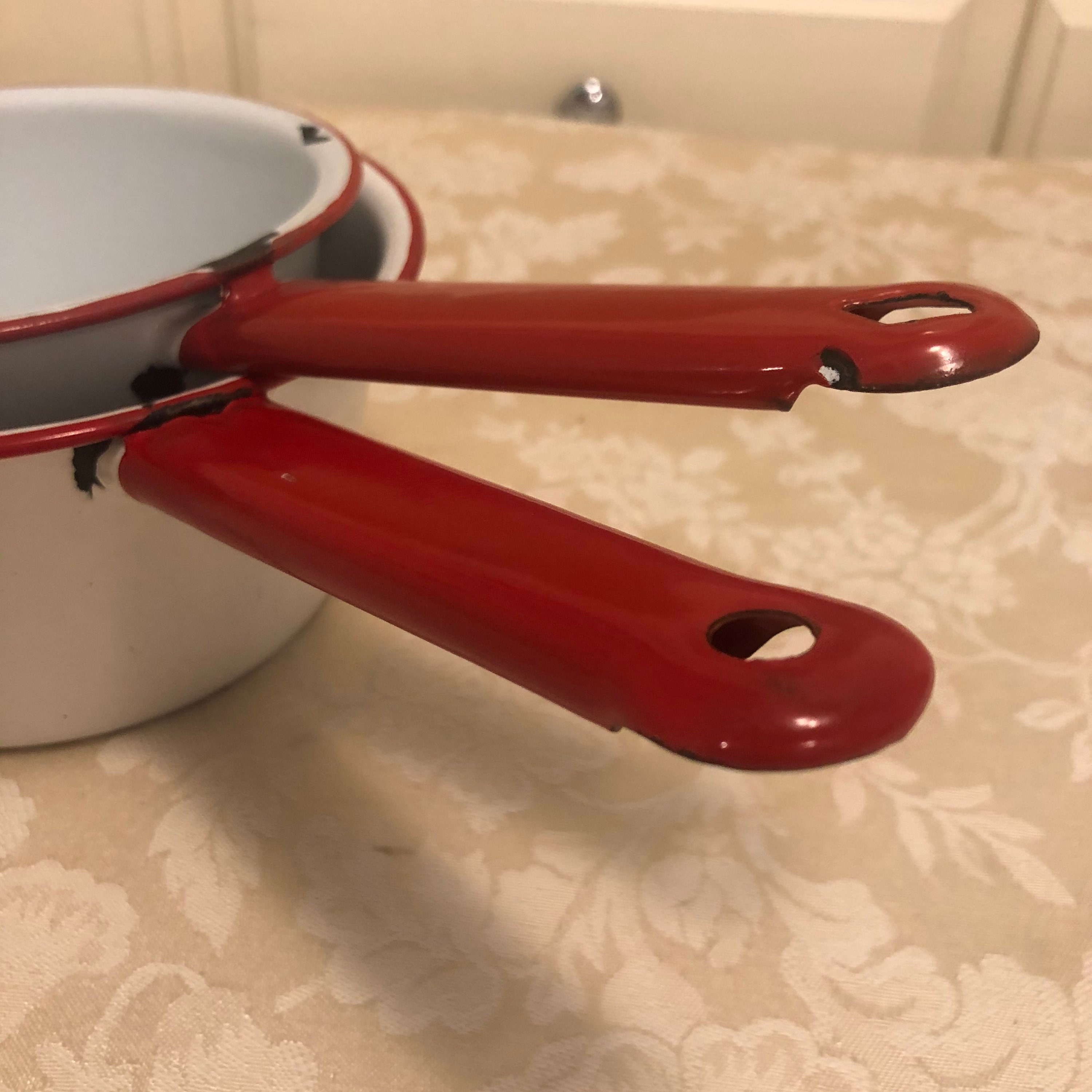Vintage White Enamel Pan Set White With Red Handles and Rims Classic  Vintage Pan Set Camper Cook Wear Set of 2 