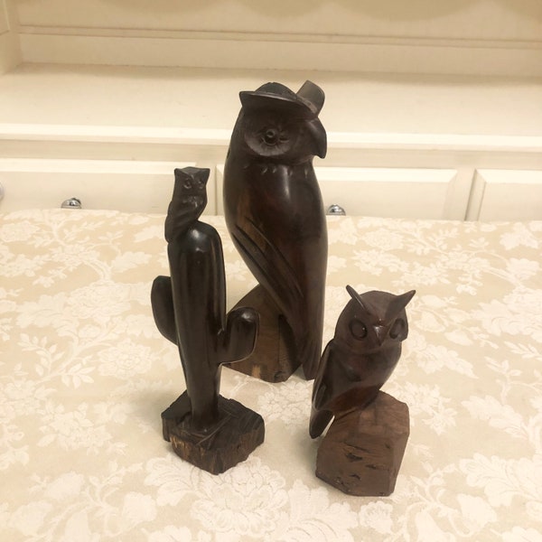 Vintage Wood Owl Figures With Cactus Wooden Hand Carved Book Shelf Book End Office Wooden Bookends Cabinet Decor Set Of Three