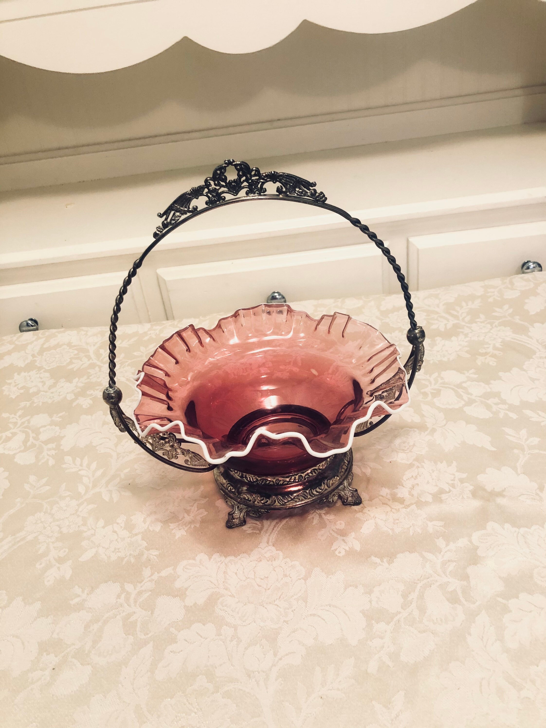 Antique Brides Basket Cranberry Glass Bowl In Silver Carrier Etsy
