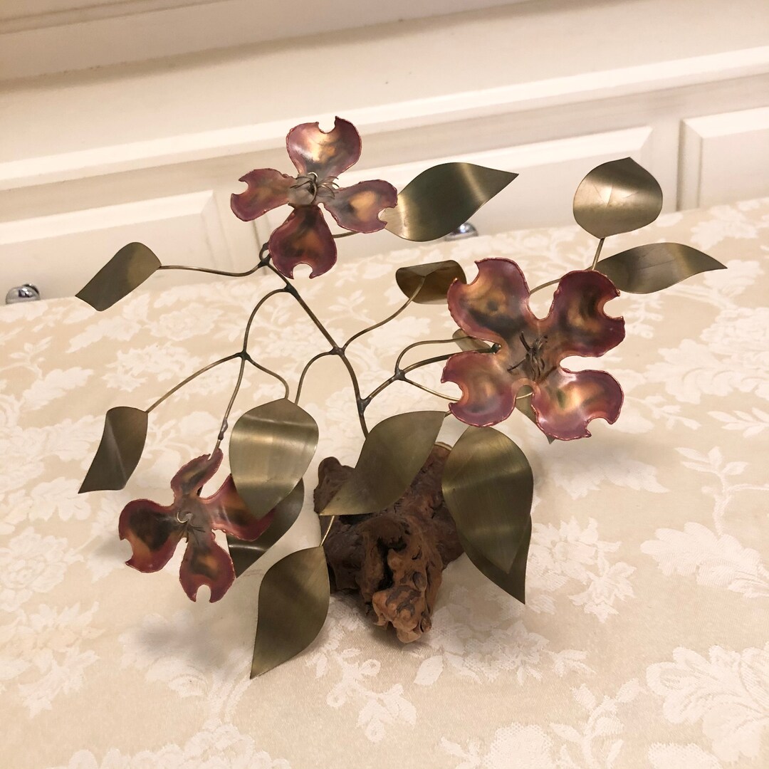 Vintage Metal Flower Arrangement With Pink Metal Flowers on Brass Leaves and Beautiful Drift ...