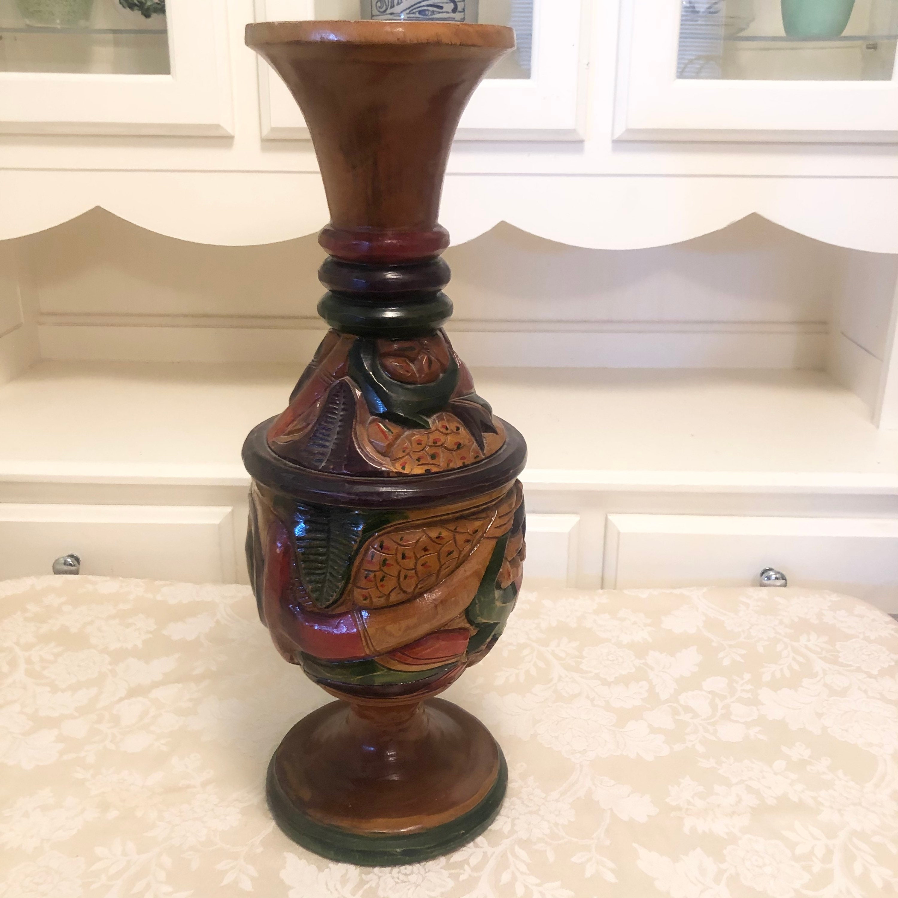 Vintage Hand Carved Hand Painted Wooden Vase Tall Wooden Vase Etsy UK