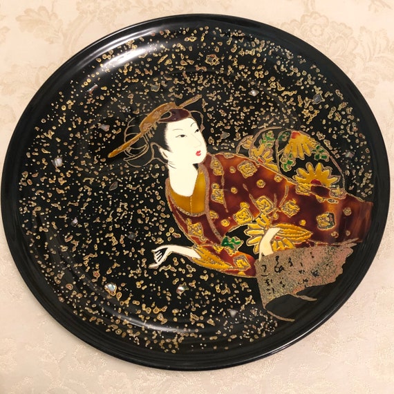 Chinese Black Pearl Speckled Traditional Tea Table Tea Tray Traditional Serving Table. Elegant Woman Center With Bright Colors