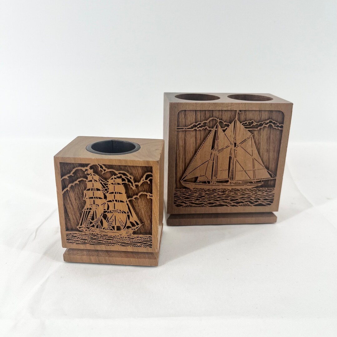 1977 Lasercraft Carved Wooden Ship on Block Vintage Pencil Holder ...