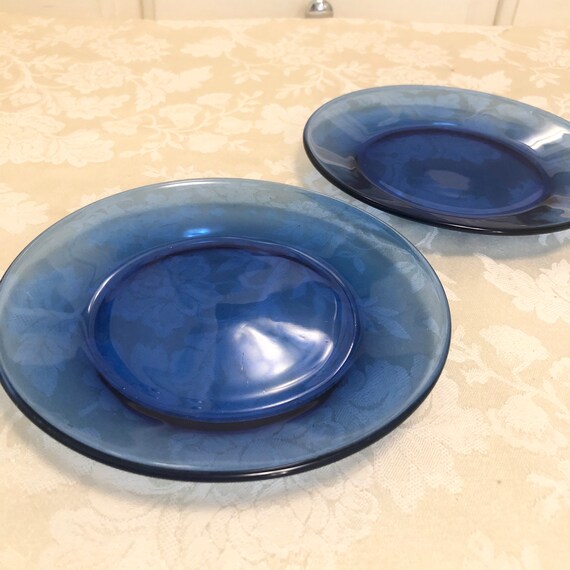 2 Cobalt Blue Glass Plates Beautiful Circular Design of Cobalt