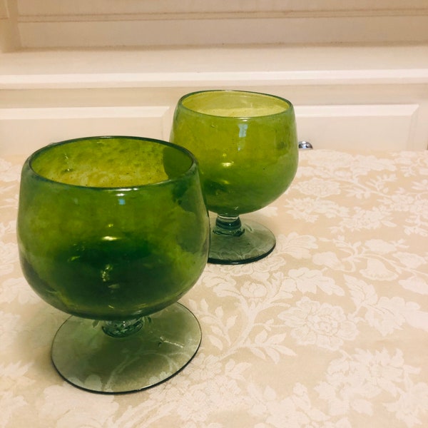 2 Huge Wide Mouth Handblown Green Glass Glasses. 2 Goblet Glasses, Swirled Bubbled Glass. Mexico HandBlown Glass Neon Green Glass Party Set