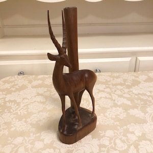 Solid Wood Figurine Gazelle Hand Carved Wood Sculpture With Dark Wood Lamp Base Sharp Clean Carved Design