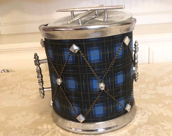 Vintage Blue Plaid Drummer Boy Ice Bucket Silver Handles And Drummer Stick Detail Plaid Body With Detail All Over The Drum