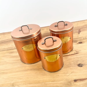 Solid Copper Canisters Featuring Brass Handles Sugar, Coffee and Tea Set. Vintage French Copper Kitchen Complete Set Of 3