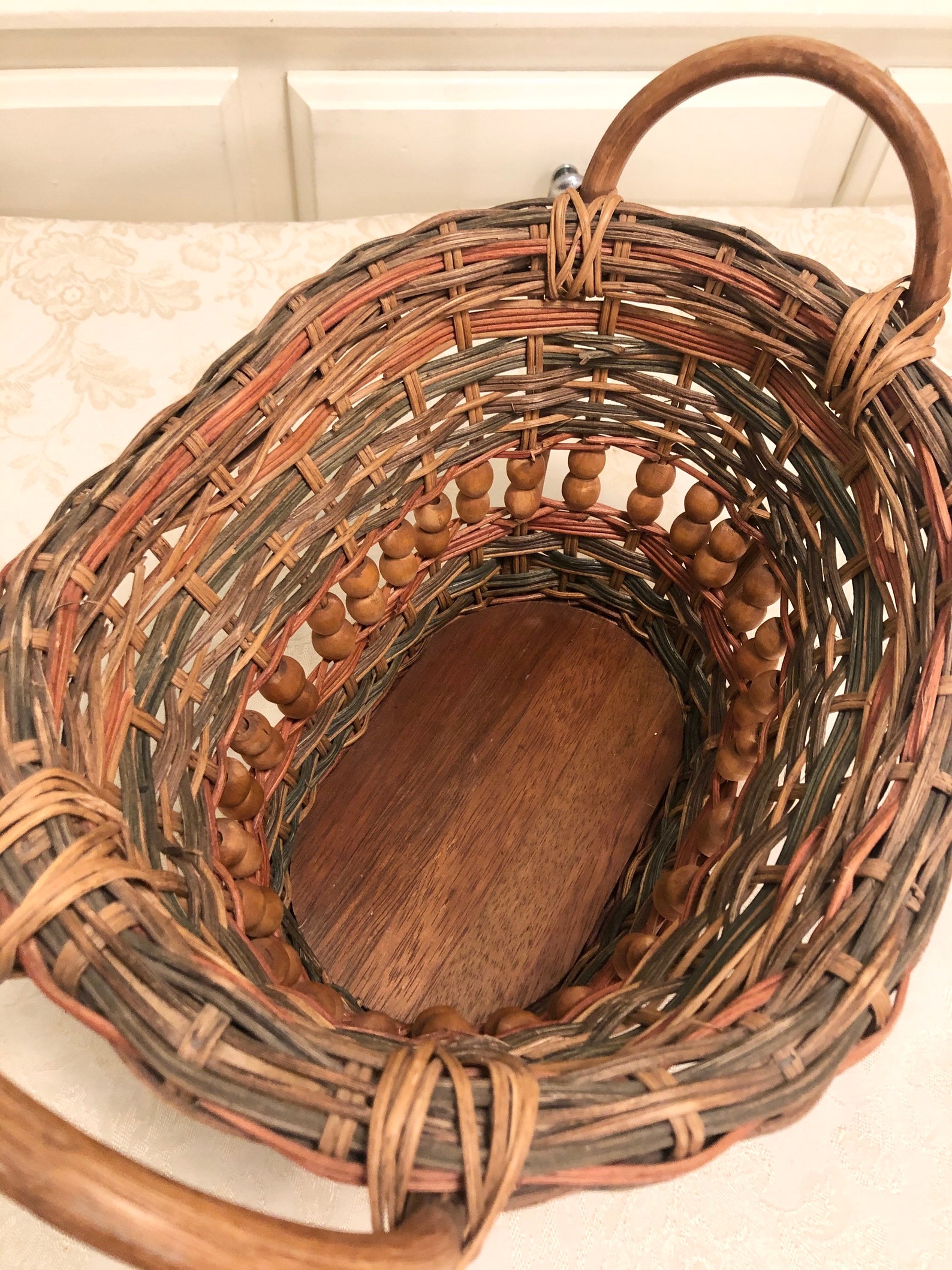 Multi Color Woven Basket With Center Wood Bead Detail Edge And Etsy