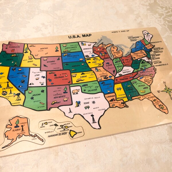 New In The Cellophane World Map Childrens Puzzle. Wooden Puzzle Kids Puzzle. inlaid Wood Puzzle With Tray. Vintage State Puzzle
