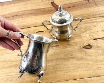 Vintage Colonial Pewter With Silver Plated Finish By Boardman JBC 460 Sugar Pot Sugar Crock With Lid And Creamer With Spout Stamped Pieces