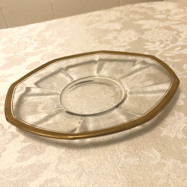 22K Gold Oval Octagon Small Tray With Gold Detailed Edges Solid Glass Plate With Gold Rims Elegant Serving Tray