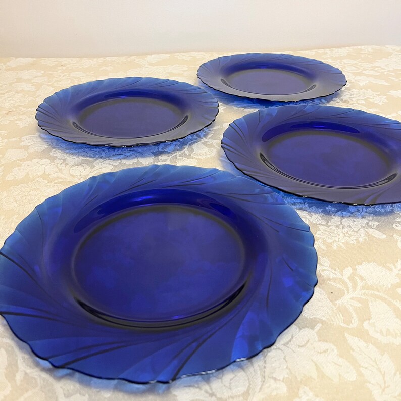Cobalt blue glass plates set france cobalt circular design of etsy