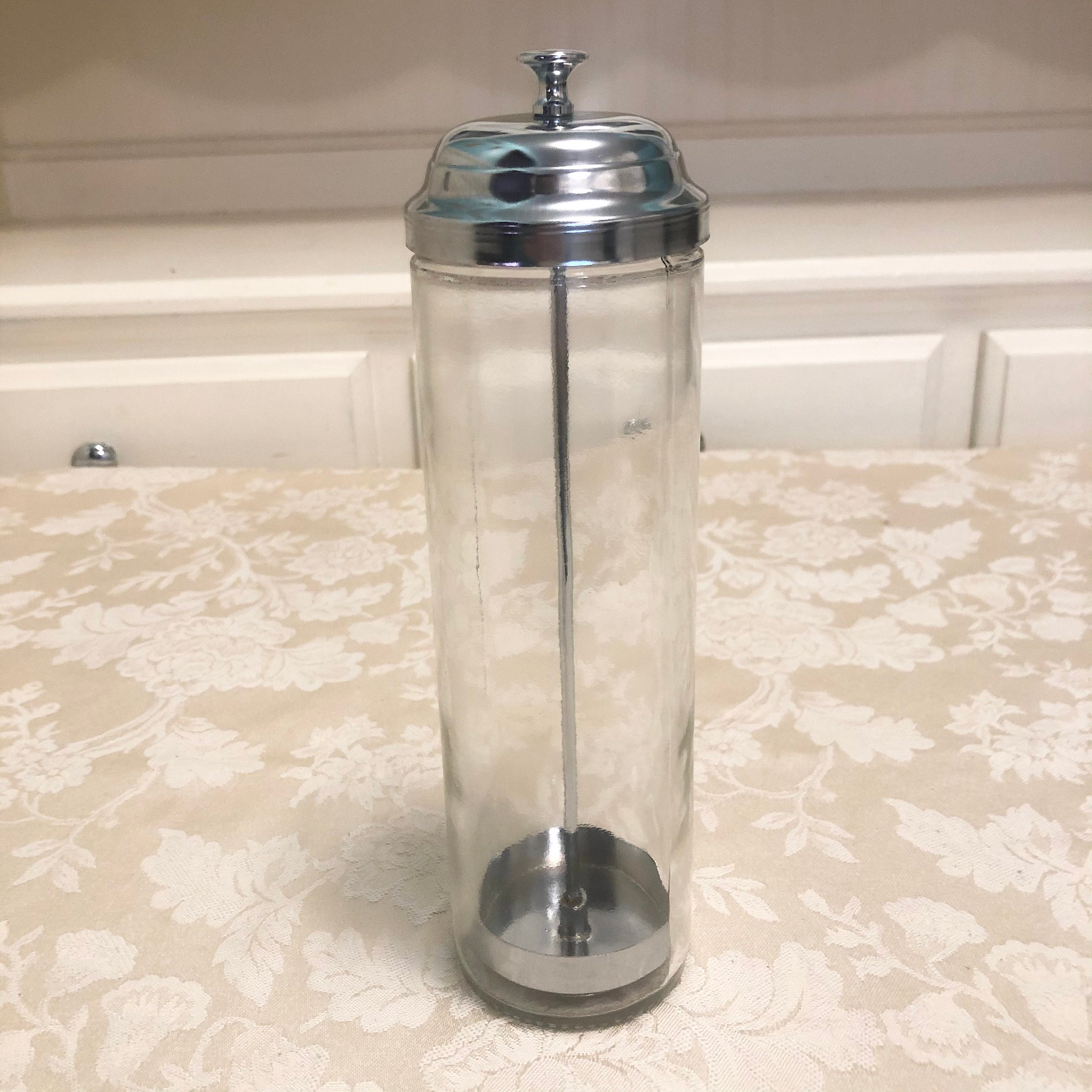 VINTAGE GEMCO GLASS & CHROME STRAW DISPENSER WITH LABEL MADE IN CHINA